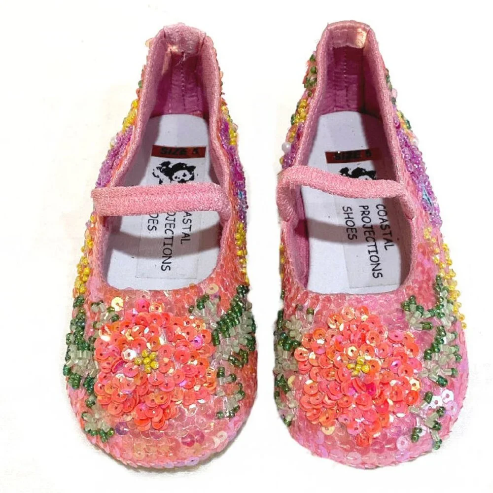 NEW sz 3, 5 Baby Sequin Beaded Coral Pink Green Girls Ballerina Flats Shoes‎
